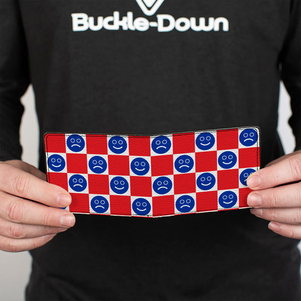 Buckle-Down Bi-Fold Wallet - Smiley Sad Face Checker Red/White/Blue