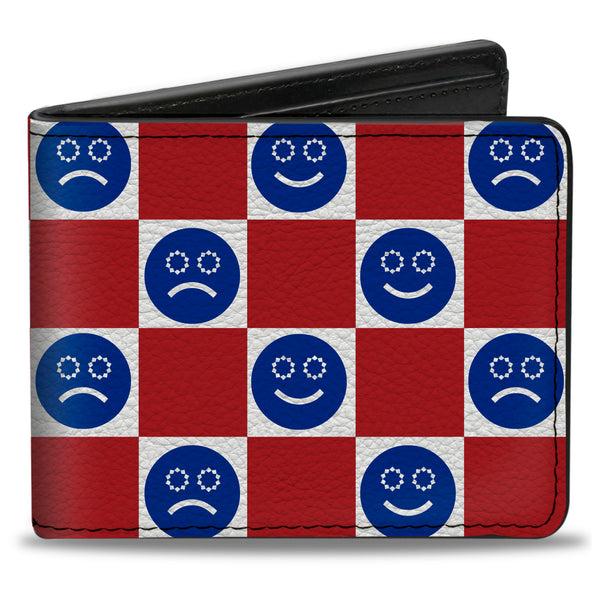 Buckle-Down Bi-Fold Wallet - Smiley Sad Face Checker Red/White/Blue