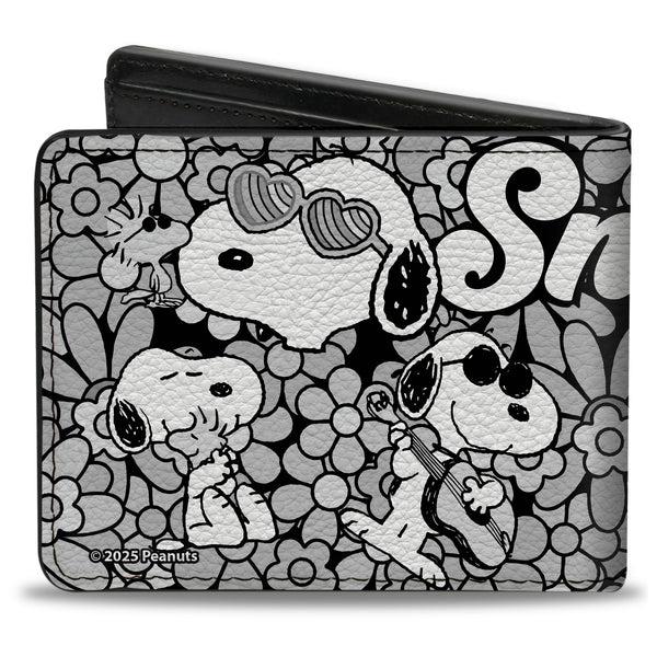Buckle-Down Bi-Fold Wallet - Snoopy Poses And Daisy Flowers Collage Black/Grays/White