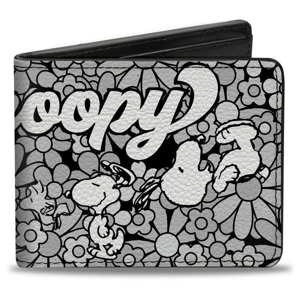 Buckle-Down Bi-Fold Wallet - Snoopy Poses and Daisy Flowers Collage Black/Grays/White