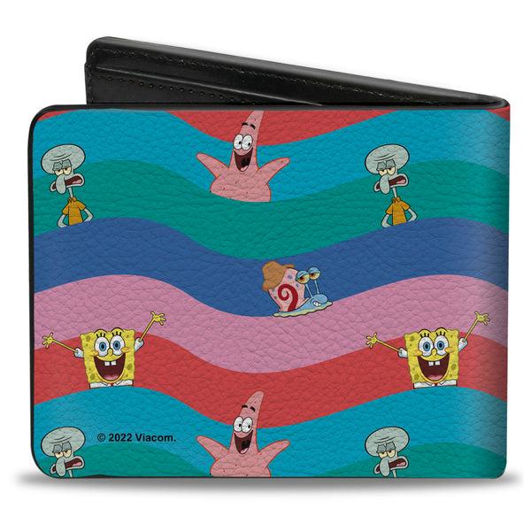 Buckle-Down Bi-Fold Wallet - SpongeBob SquarePants And Friends Poses Wavy Stripe Blues Reds