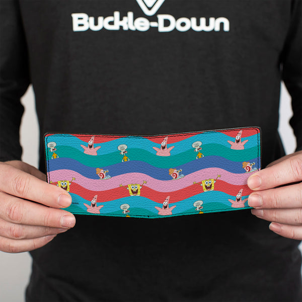 Buckle-Down Bi-Fold Wallet - SpongeBob SquarePants And Friends Poses Wavy Stripe Blues Reds