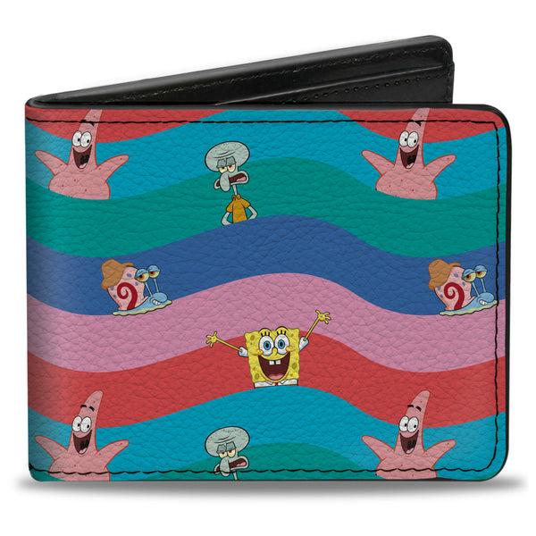 Buckle-Down Bi-Fold Wallet - SpongeBob SquarePants and Friends Poses Wavy Stripe Blues Reds