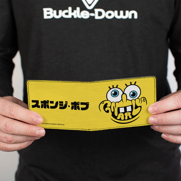 Buckle-Down Bi-Fold Wallet - SpongeBob SquarePants GNARLY Face And Japanese Text Yellow/Black