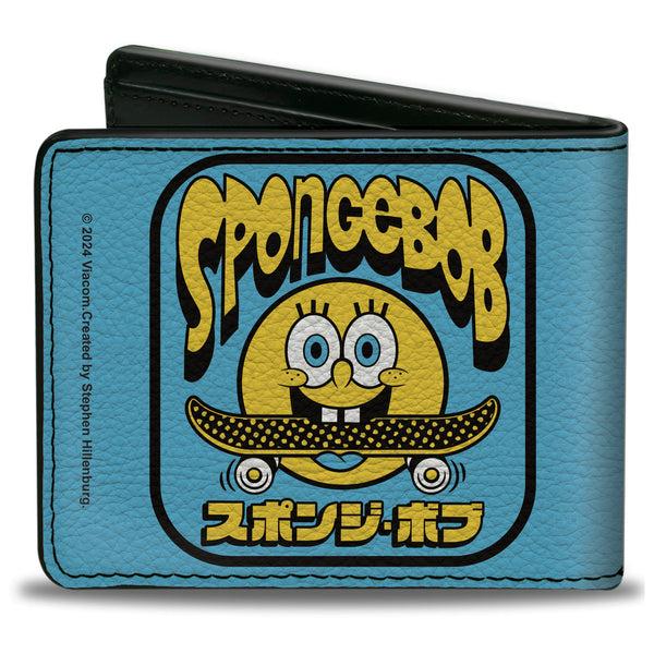 Buckle-Down Bi-Fold Wallet - SpongeBob SquarePants Skateboard Smile Face And Japanese Text Blue/Black/Yellow