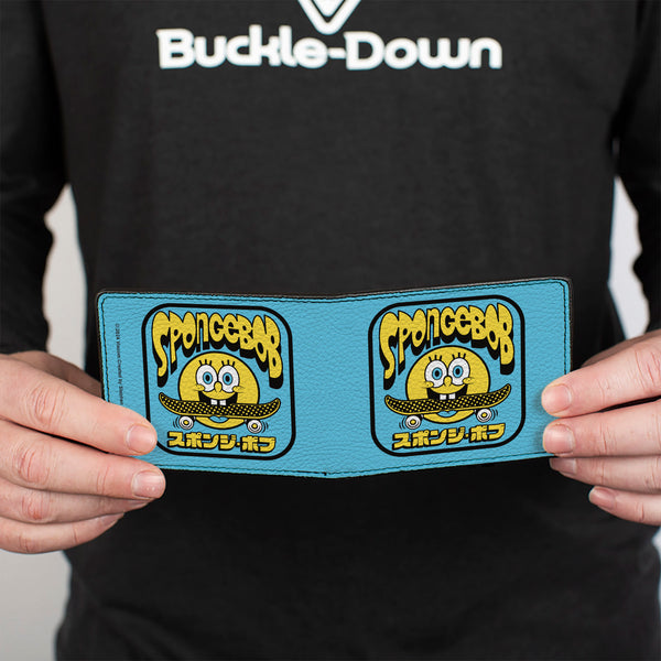 Buckle-Down Bi-Fold Wallet - SpongeBob SquarePants Skateboard Smile Face And Japanese Text Blue/Black/Yellow