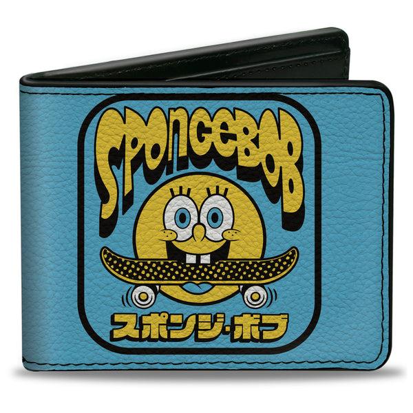 Buckle-Down Bi-Fold Wallet - SpongeBob SquarePants Skateboard Smile Face and Japanese Text Blue/Black/Yellow