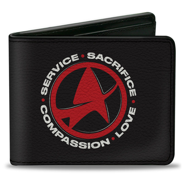 Buckle-Down Bi-Fold Wallet - STAR TREK SERVICE SACRIFICE COMPASSION LOVE Badge Icon Black/White/Red