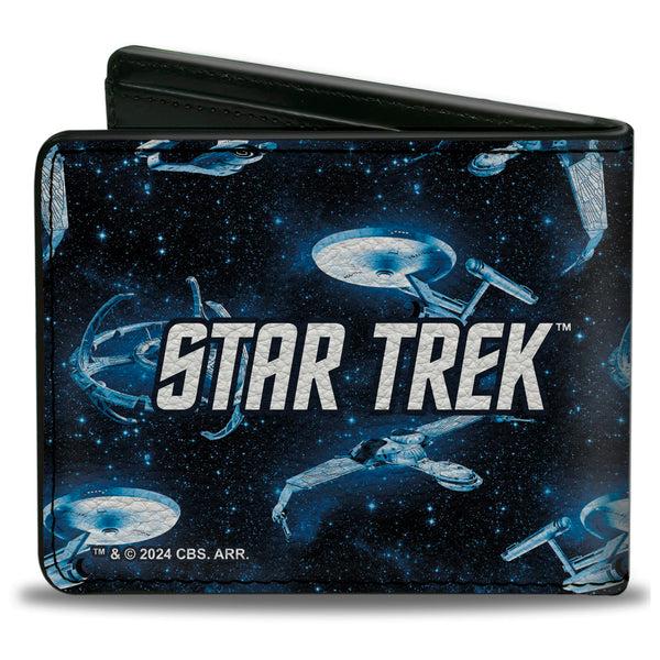 Buckle-Down Bi-Fold Wallet - Star Trek Spaceship Fleet In Space And Title Logo Blues