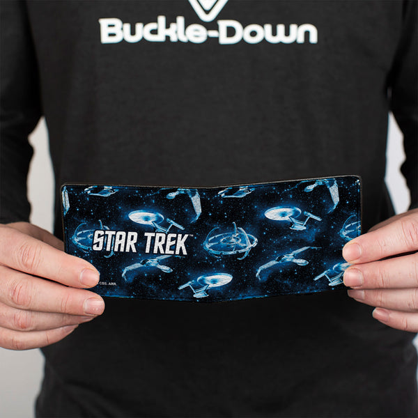 Buckle-Down Bi-Fold Wallet - Star Trek Spaceship Fleet In Space And Title Logo Blues