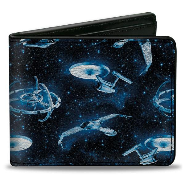 Buckle-Down Bi-Fold Wallet - Star Trek Spaceship Fleet in Space and Title Logo Blues