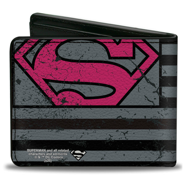 Buckle-Down Bi-Fold Wallet - Superman Shield Americana Weathered Gray Black Pink