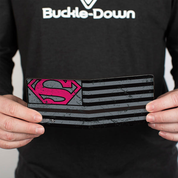 Buckle-Down Bi-Fold Wallet - Superman Shield Americana Weathered Gray Black Pink