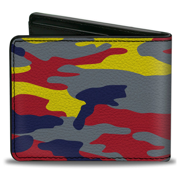 Buckle-Down Bi-Fold Wallet - Superman THE ORIGINAL MAN OF STEEL Badge Camo Gray Red Yellow Blue