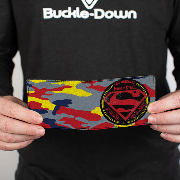 Buckle-Down Bi-Fold Wallet - Superman THE ORIGINAL MAN OF STEEL Badge Camo Gray Red Yellow Blue