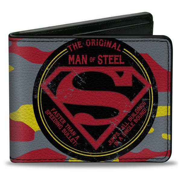 Buckle-Down Bi-Fold Wallet - Superman THE ORIGINAL MAN OF STEEL Badge Camo Gray Red Yellow Blue