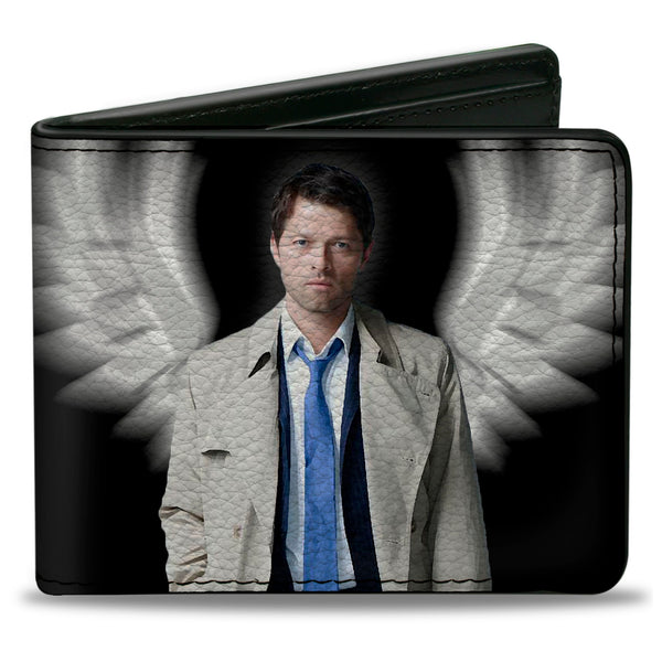 Buckle-Down Bi-Fold Wallet - SUPERNATURAL Castiel Angel Wings Pose + Logo Black White