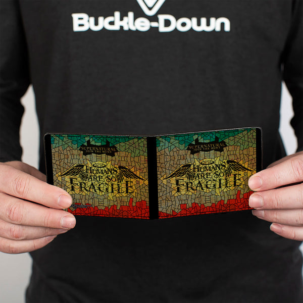 Buckle-Down Bi-Fold Wallet - SUPERNATURAL-HUMANS ARE SO FRAGILE Stained Glass Black Greens Yellows Red