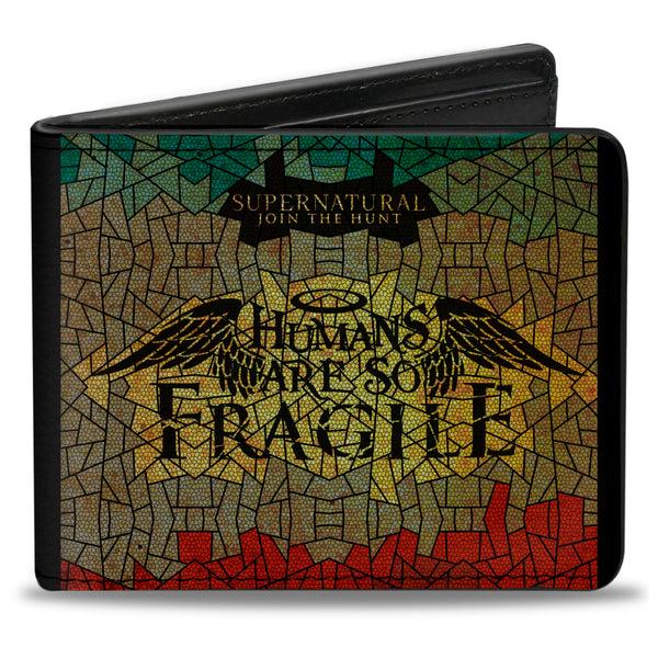 Buckle-Down Bi-Fold Wallet - SUPERNATURAL-HUMANS ARE SO FRAGILE Stained Glass Black Greens Yellows Red