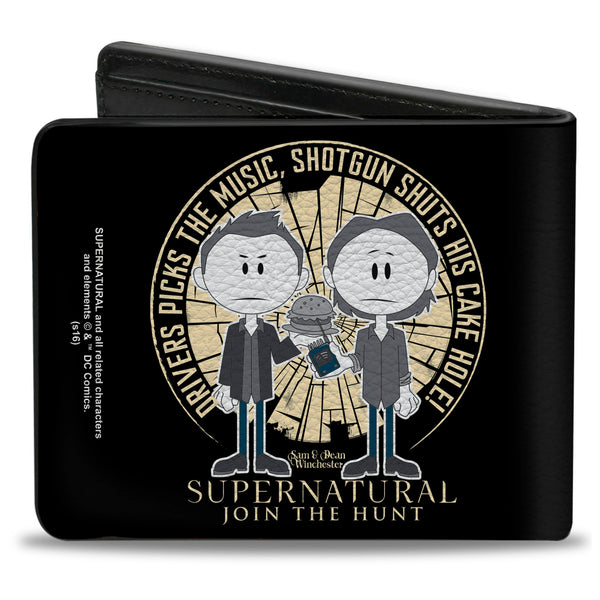 Buckle-Down Bi-Fold Wallet - Supernatural Sam & Dean Caricatures DRIVER PICKS THE MUSIC Shattered Glass Black White Grays Blues