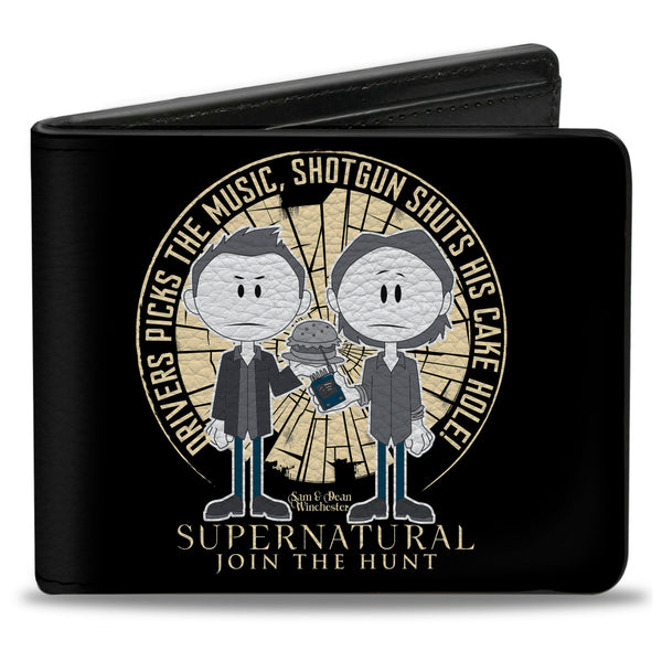 Buckle-Down Bi-Fold Wallet - Supernatural Sam & Dean Caricatures DRIVER PICKS THE MUSIC Shattered Glass Black White Grays Blues