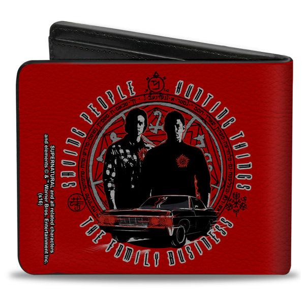 Buckle-Down Bi-Fold Wallet - Supernatural Sam & Dean Pose Impala Symbols SAVING PEOPLE-HUNTING THINGS-THE FAMILY BUSINESS Red Grays Black
