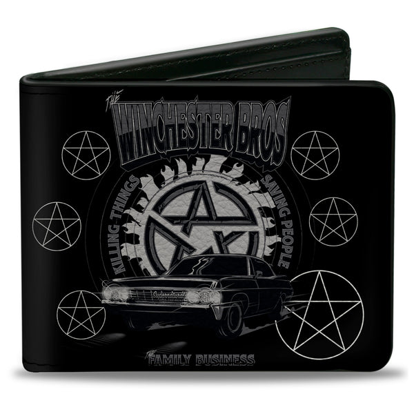 Buckle-Down Bi-Fold Wallet - Supernatural THE WINCHESTER BROS Impala Pentagrams Scattered Black Grays White