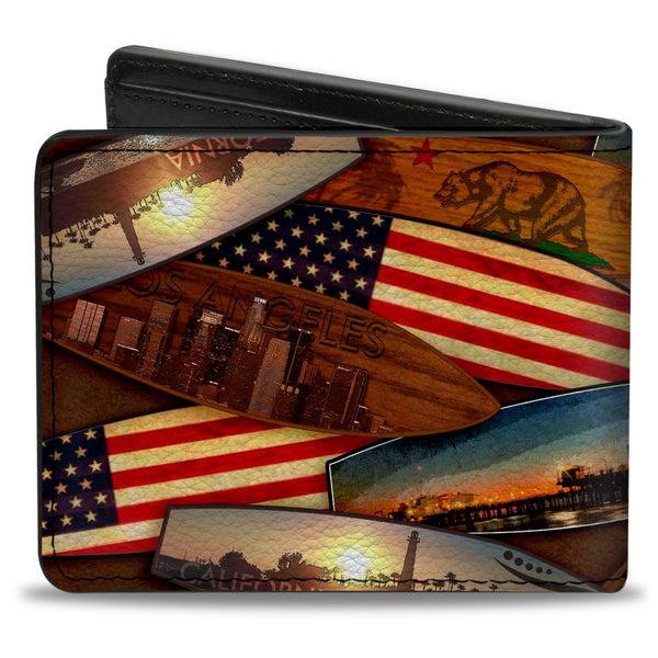 Buckle-Down Bi-Fold Wallet - Surfboards Cali Scenes US Flag Stacked Brown3
