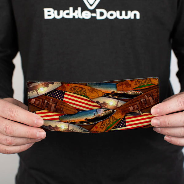 Buckle-Down Bi-Fold Wallet - Surfboards Cali Scenes US Flag Stacked Brown3