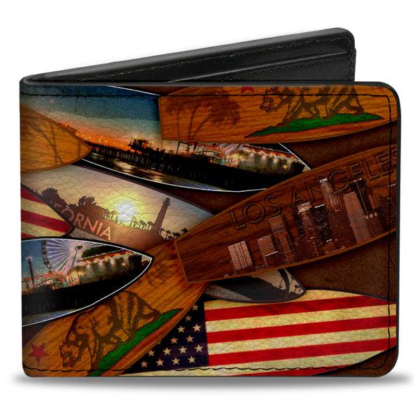 Buckle-Down Bi-Fold Wallet - Surfboards Cali Scenes US Flag Stacked Brown3