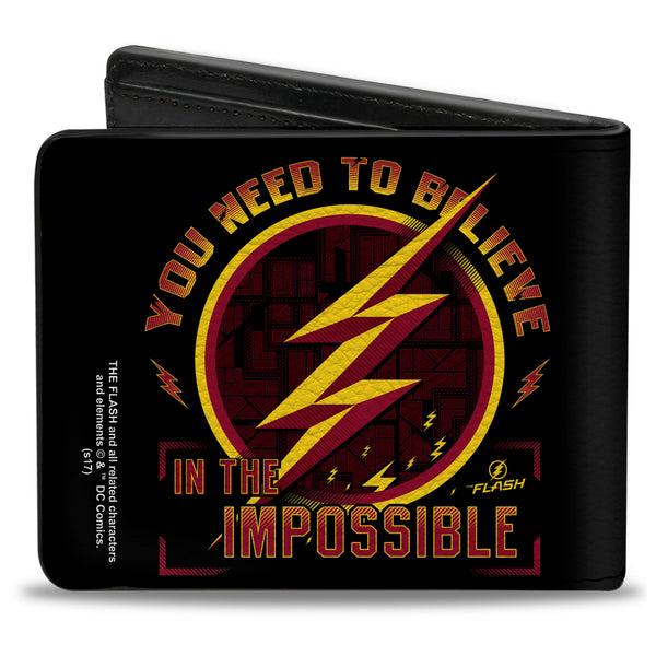 Buckle-Down Bi-Fold Wallet - The Flash Logo9 YOU NEED TO BELIEVE IN THE IMPOSSIBLE Black Gold Reds