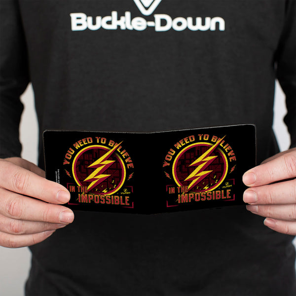 Buckle-Down Bi-Fold Wallet - The Flash Logo9 YOU NEED TO BELIEVE IN THE IMPOSSIBLE Black Gold Reds