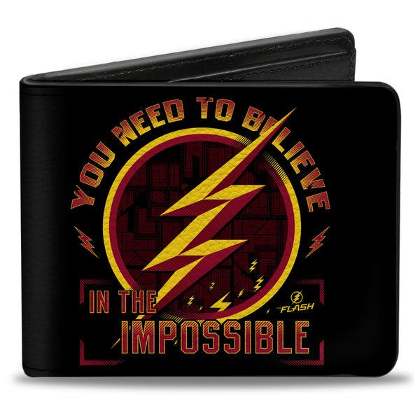Buckle-Down Bi-Fold Wallet - The Flash Logo9 YOU NEED TO BELIEVE IN THE IMPOSSIBLE Black Gold Reds