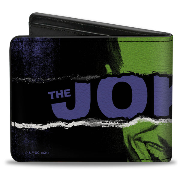 Buckle-Down Bi-Fold Wallet - THE JOKER Smiling Pose And Text Over Eyes Black/Purples/Greens