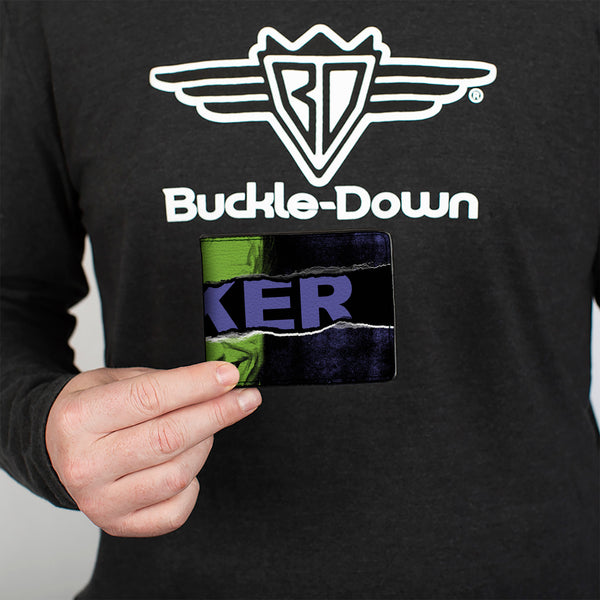 Buckle-Down Bi-Fold Wallet - THE JOKER Smiling Pose And Text Over Eyes Black/Purples/Greens