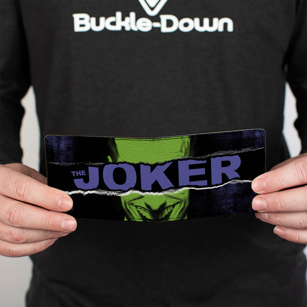 Buckle-Down Bi-Fold Wallet - THE JOKER Smiling Pose And Text Over Eyes Black/Purples/Greens