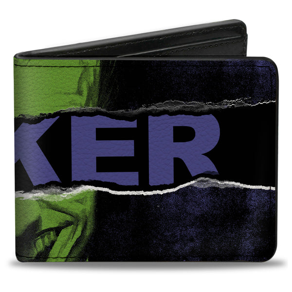 Buckle-Down Bi-Fold Wallet - THE JOKER Smiling Pose and Text Over Eyes Black/Purples/Greens