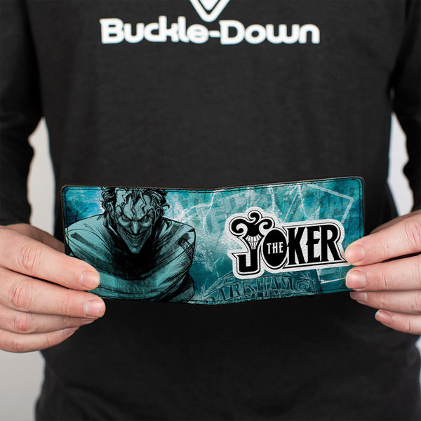 Buckle-Down Bi-Fold Wallet - THE JOKER Straight Jacket Pose And Title Logo Blues/Black/White
