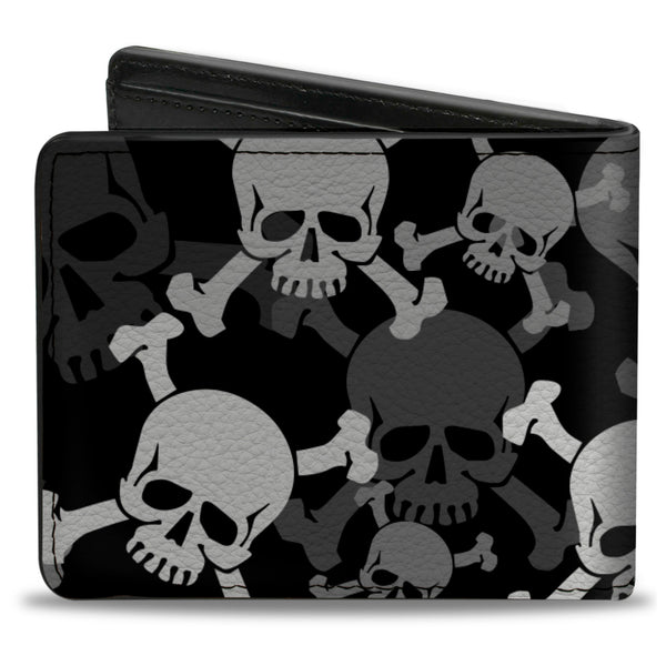 Buckle-Down Bi-Fold Wallet - Top Skulls Stacked Black Gray White