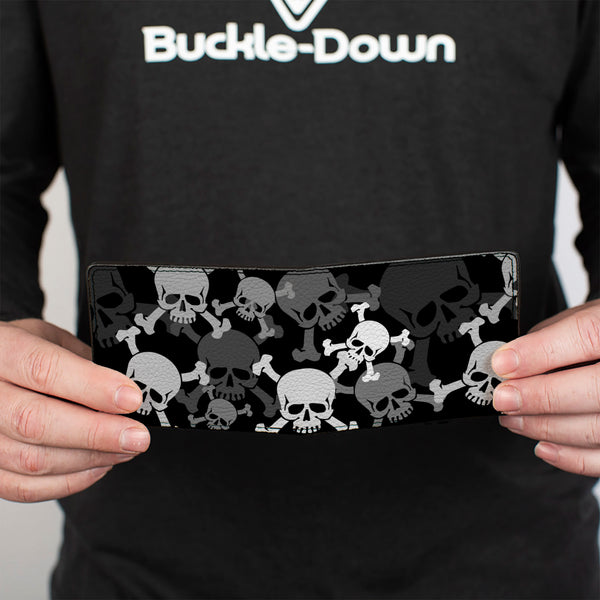 Buckle-Down Bi-Fold Wallet - Top Skulls Stacked Black Gray White