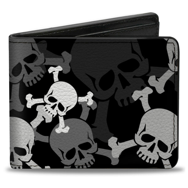 Buckle-Down Bi-Fold Wallet - Top Skulls Stacked Black Gray White
