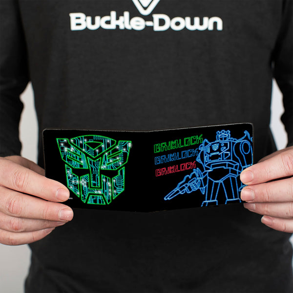 Buckle-Down Bi-Fold Wallet - Transformers Electric GRIMLOCK Pose And Autobot Circuit Logo Black/Green/Blue/Red