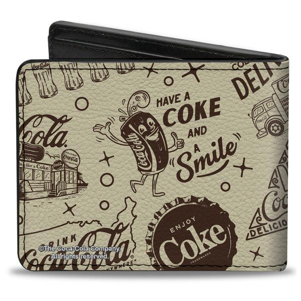 Buckle-Down Bi-Fold Wallet - Vintage Coca-Cola HAVE A COKE AND SMILE Icons Collage Beige/Brown