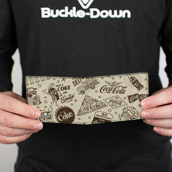 Buckle-Down Bi-Fold Wallet - Vintage Coca-Cola HAVE A COKE AND SMILE Icons Collage Beige/Brown