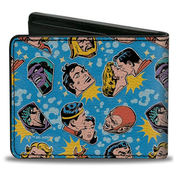 Buckle-Down Bi-Fold Wallet - Vintage Superman Supergirl And Villains Faces Scattered Blues