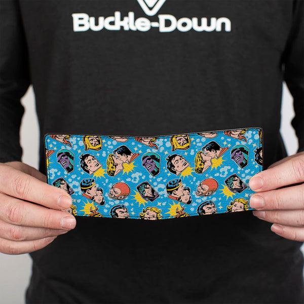 Buckle-Down Bi-Fold Wallet - Vintage Superman Supergirl And Villains Faces Scattered Blues