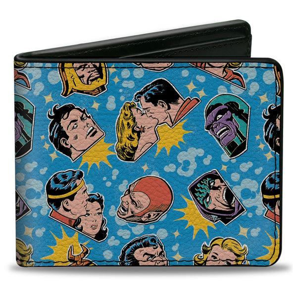 Buckle-Down Bi-Fold Wallet - Vintage Superman Supergirl and Villains Faces Scattered Blues