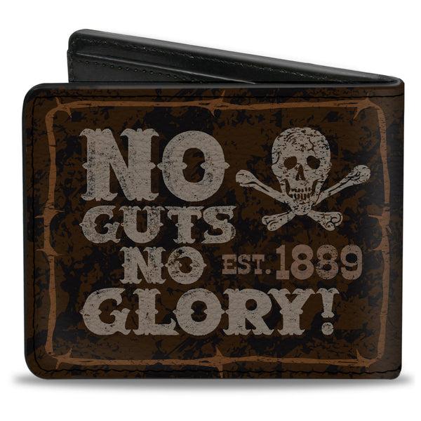 Buckle-Down Bi-Fold Wallet - Western NO GUTS NO GLORY Skull And Crossbones Browns Gray