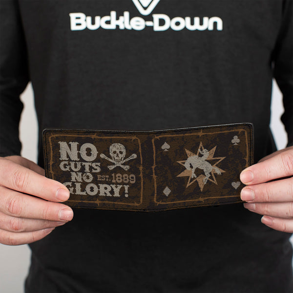 Buckle-Down Bi-Fold Wallet - Western NO GUTS NO GLORY Skull And Crossbones Browns Gray