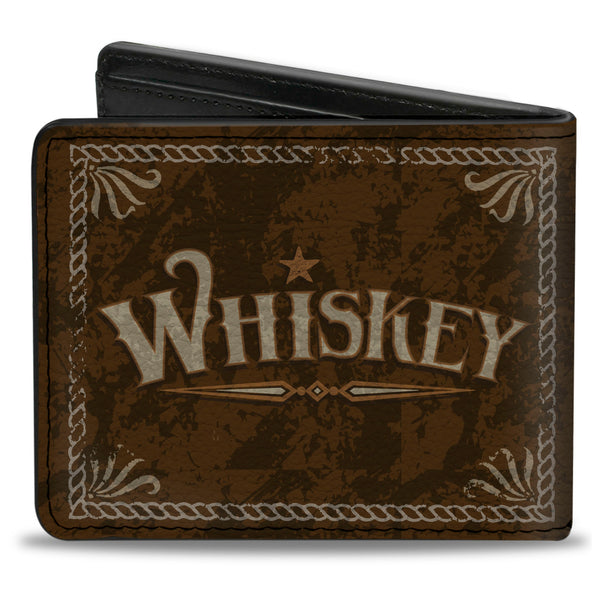 Buckle-Down Bi-Fold Wallet - Western WHISKEY Star With Text Shadow Repeat Browns Tan